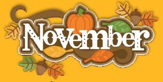 November Text in front of leaves, pumpkins, and acorns.