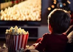 Child with popcorn watching a movie.