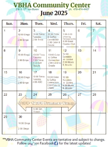 VBHA June 2025 Community Center Calendar. All information on this calendar is listed above.