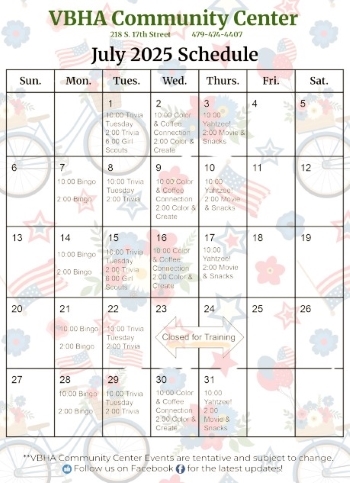 VBHA July 2025 Community Center Calendar. All information on this calendar is listed above.