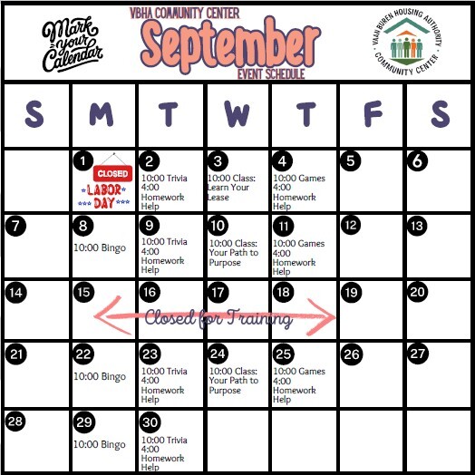 September 2025 VBHA Community Center Calendar. All information on this calendar is listed above.