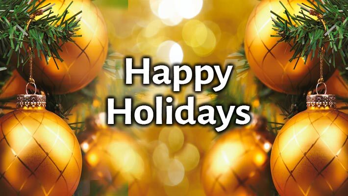 Happy Holidays! A background of gold ornaments.