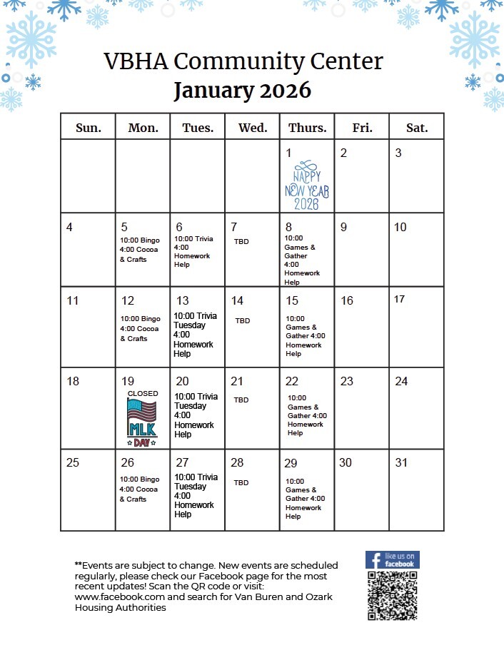 VBHA January 2026 Calendar of events. All information as listed below.