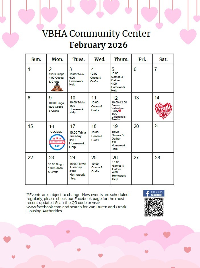 VBHA February Calendar of Events. All information as listed below.