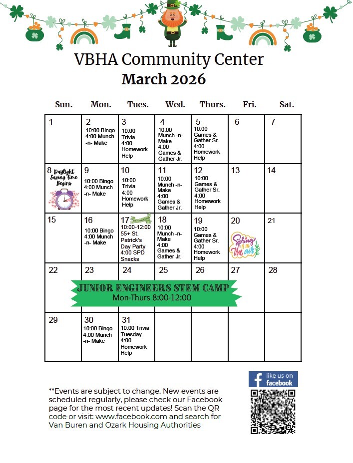 Van Buren Housing Authority March Calendar. All information as listed below.