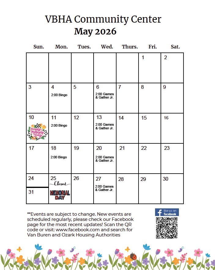 VBHA May Calendar. All information as listed below.