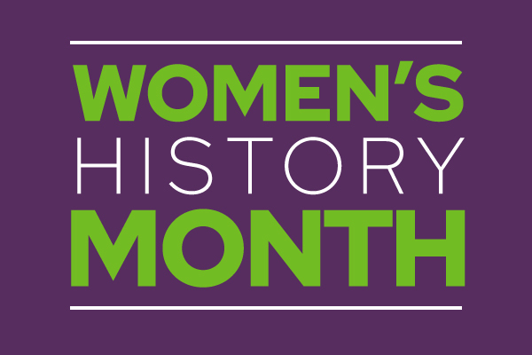 Women's History Month with design elements and a purple background.